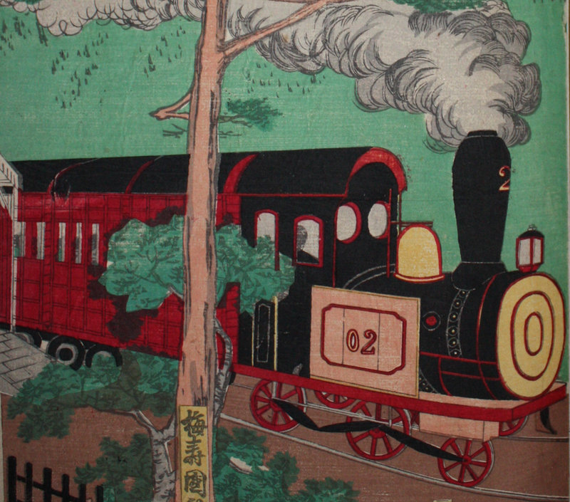 Japanese Woodblock Print Triptych Ueno Train Kunitoshi