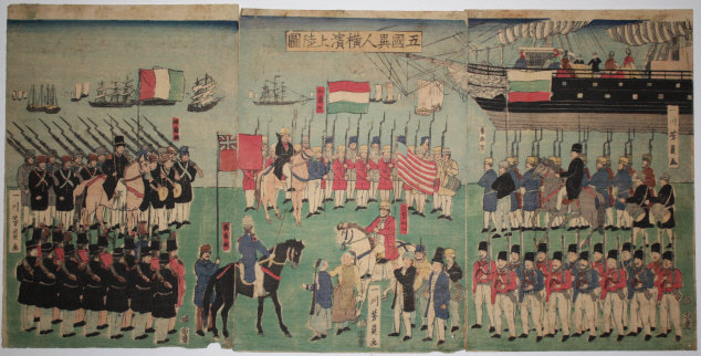 Japanese Yokohama Woodblock Print Triptych Yoshikazu
