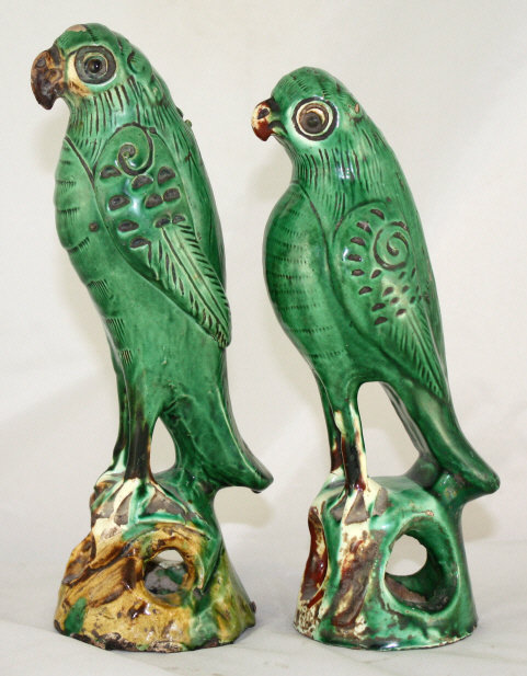 Two Qing Guangxu Pottery Joss Stick Holder Green Birds Parrots