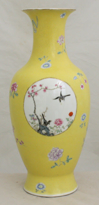 Chinese Republic Yellow Graviata Famille Rose Fencai Porcelain Vase