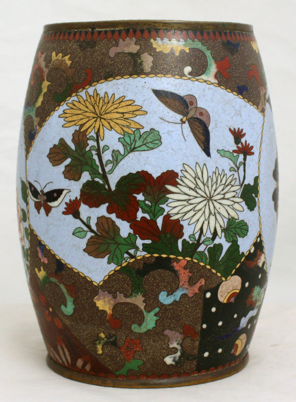 Japanese Meiji Cloisonne Enamel Barrel Form Vase Butterflies Birds