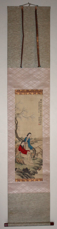 Chinese Silk Scroll Painting Bo Ya Beauty Musician He Xiangqin