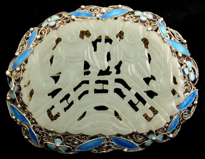 Chinese Jade Carved Plaque Silver Filigree Enamel Brooch Hehe Erxian