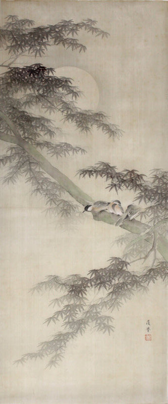 Japanese Meiji Period Painting on Silk Signed Gokyo of Three Birds