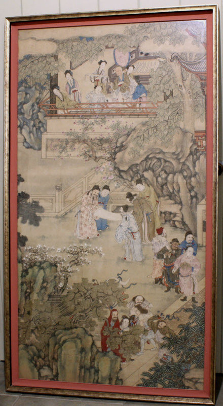 Large Chinese Qing Dynasty Painting Scholars and Ladies in a Garden