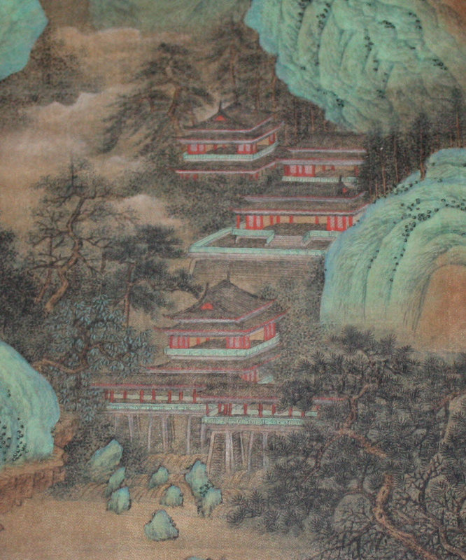 Chinese Qing Scrolled Silk Painting After Zhao Boju Mountain Landscape