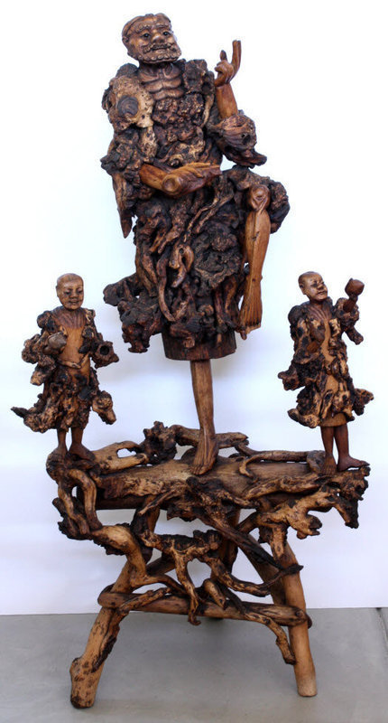 Massive 52"H Chinese Qing Root Wood Figural Group Carving Li Tieguai