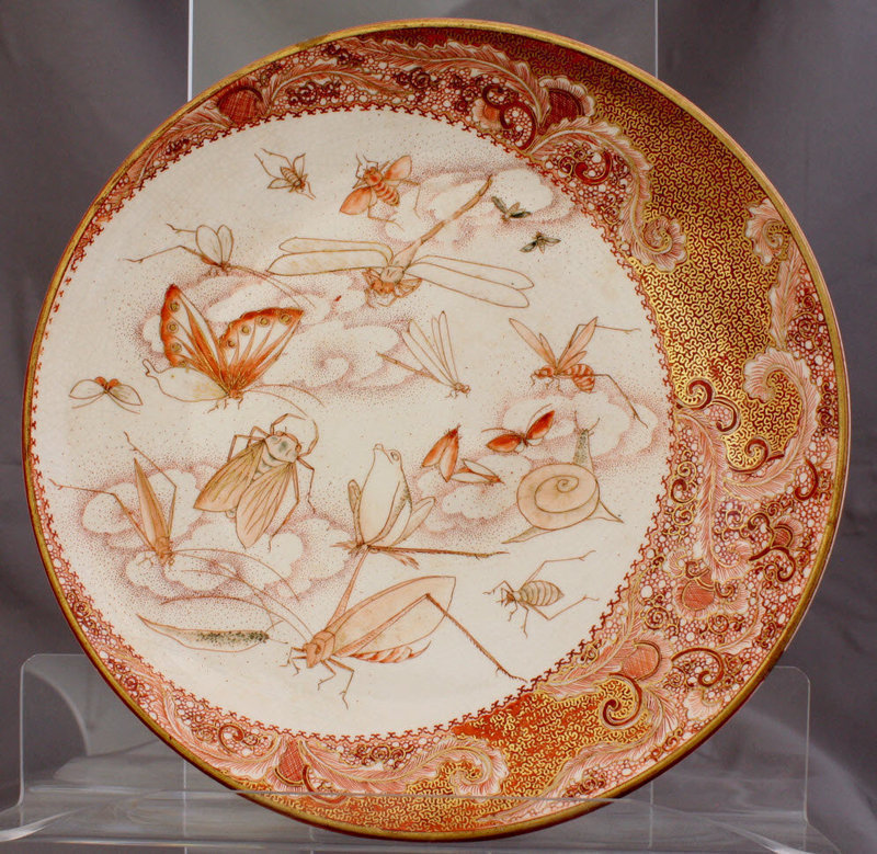 Japanese Meiji Aka-e Kutani Porcelain Plate Dish Insect Frog Dragonfly
