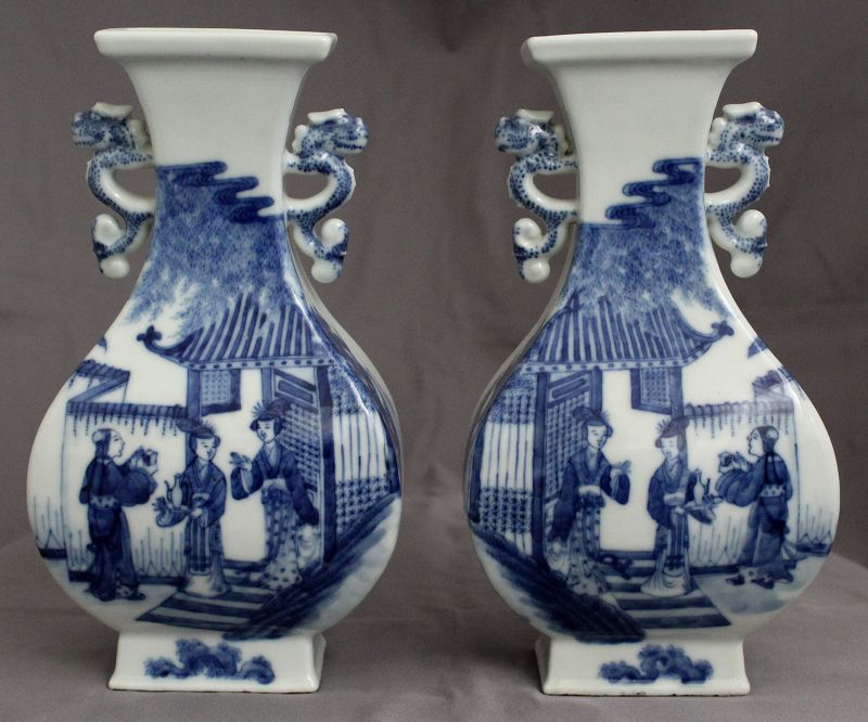 Mirror Pair Chinese Republic Blue White Porcelain Vases Qianlong Mark