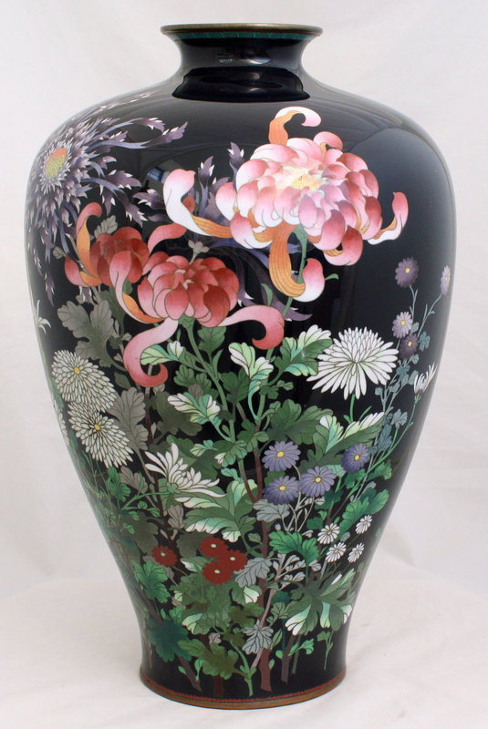 Large Taisho to Showa 15" High Japanese Cloisonne Enamel Vase Flowers