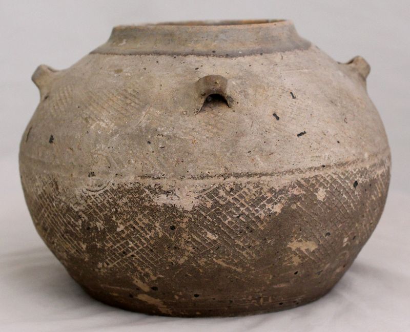 7" Dia. Chinese Warring States Pottery Ceramic Jar Impressed Pattern