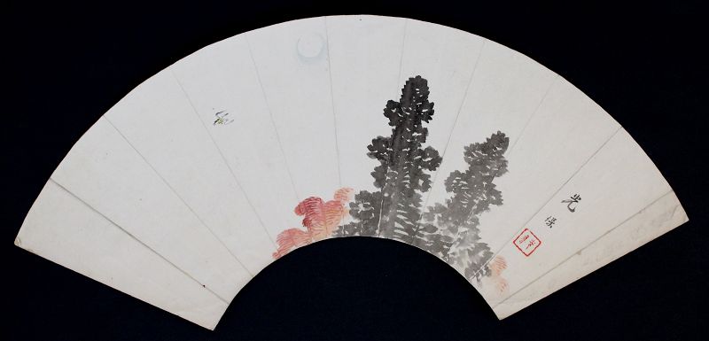 Signed Japanese Meiji Taisho Ogi Folding Fan Painting Paper Bird Trees