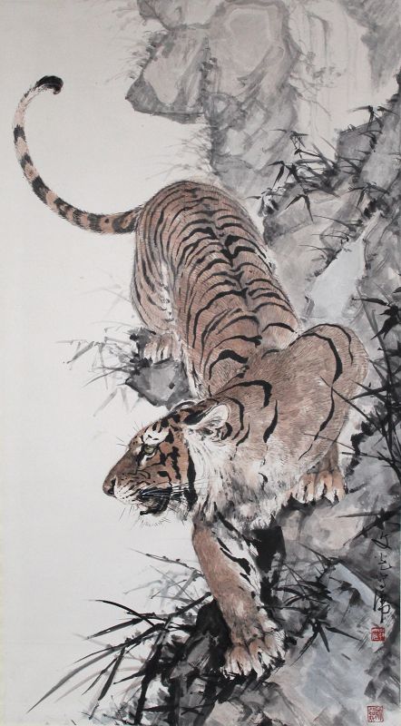 Large Chinese Painting Stalking Tiger by Weng Wenguang (Ong Boon Kong)