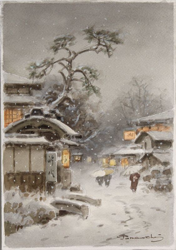 Japanese Watercolor Painting Fukutaro Terauchi Village Snow Scene