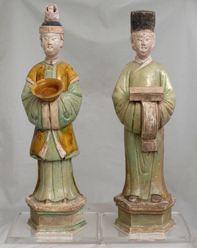 Pair of 18" Tall Chinese Ming Glazed Pottery Funerary Attendants