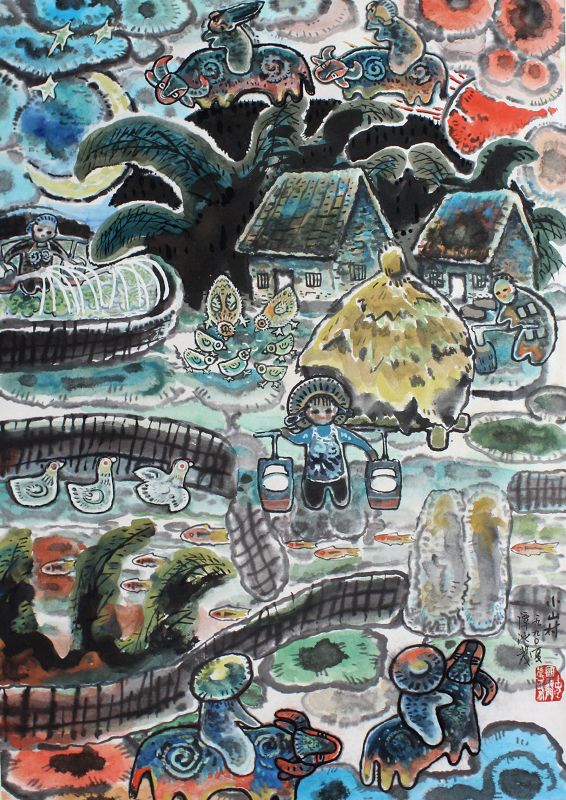 Chinese Longmen Folk Art Watercolor Gouache Painting Tan Chifa 1990