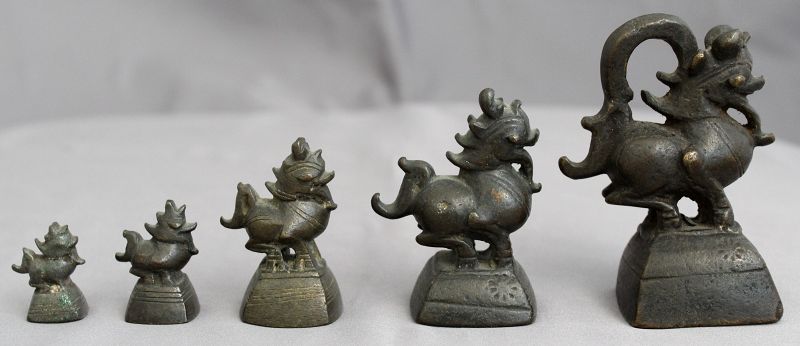 Antique Burmese Set Five Bronze Opium Weights Mythical Toe Creature
