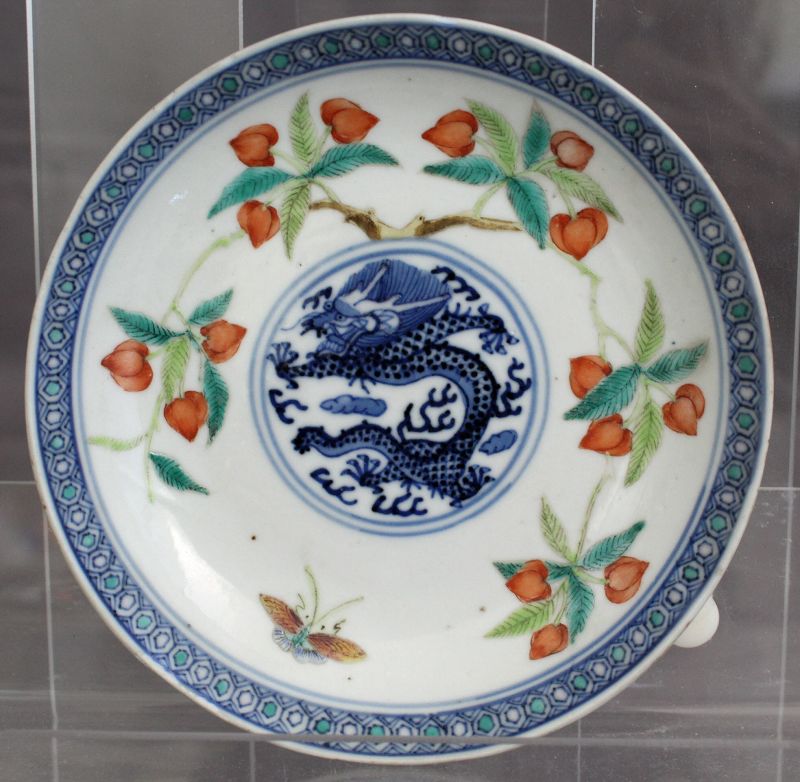 Chinese Qing Guangxu Mark Period Doucai Porcelain Dragon Peach Dish