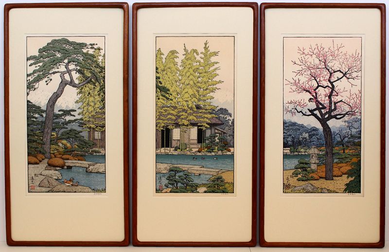 Japanese Shin Hanga Woodblock Print Toshi Yoshida Friendly Garden Set