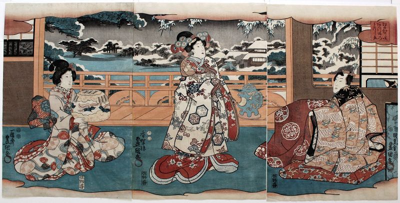 Japanese Woodblock Print Triptych Kunisada Genji Snow Edo Purple