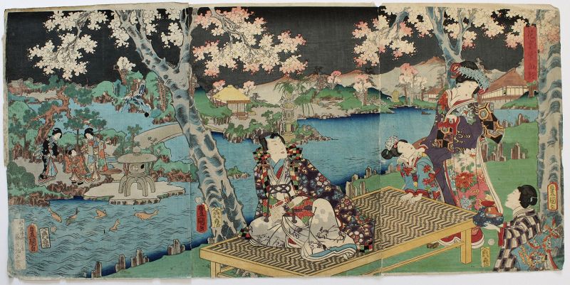 Japanese Edo Woodblock Print Triptych Kunisada Genji Flower Party