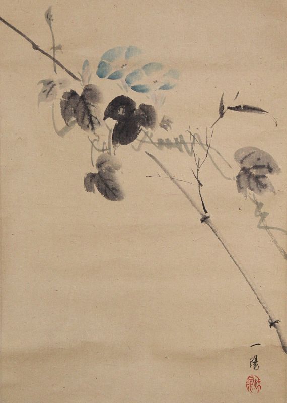 Japanese Scrolled Painting Okutani Ichiyo Kazuyo Petunia Flowers Moon