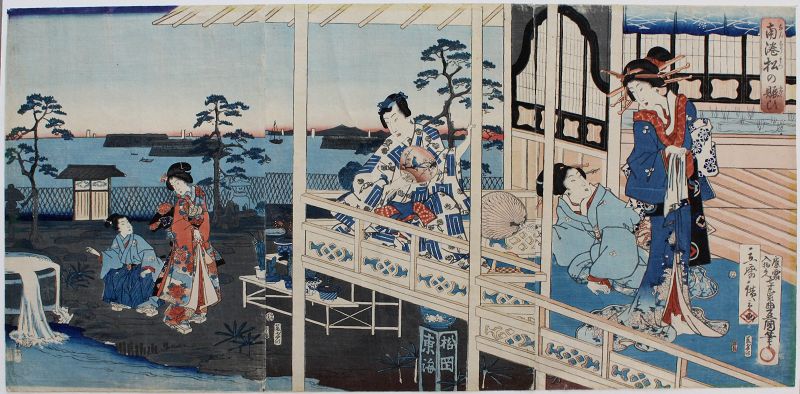 Japanese Edo Woodblock Print Genji Triptych Kunisada & Hiroshige II