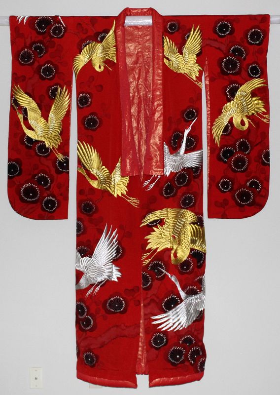 Japanese Vintage Silk Embroidered Wedding Kimono Uchikake Cranes
