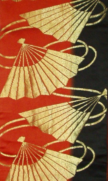 Japanese Silk Kimono Obi Textile with Gold Fan Motif