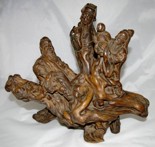 Chinese Qing Root Wood Scholar's Desk Sculpture Sanxing Star Gods