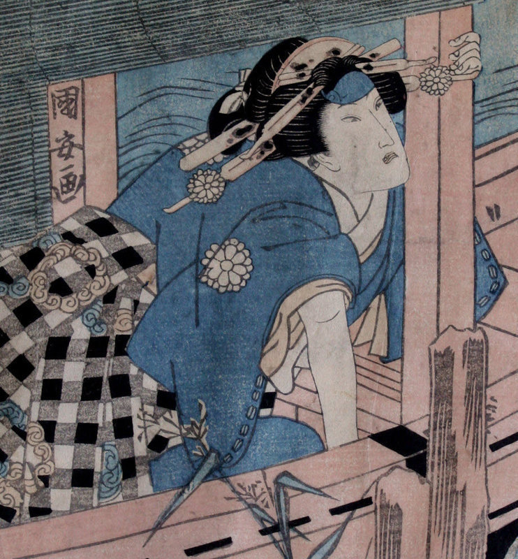 Japanese Edo Woodblock Print Kuniyasu Actor Courtesan Pleasure Boat