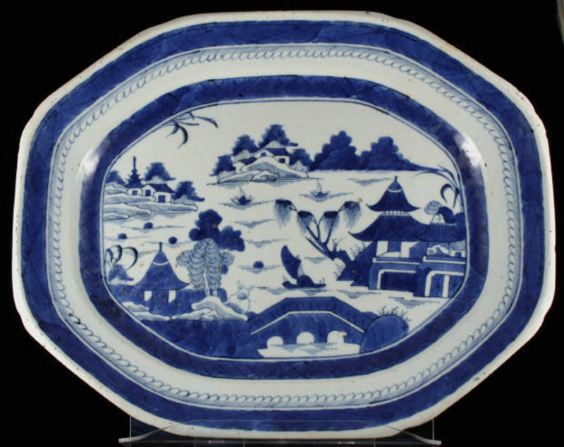 17.5" Chinese Ca. 1820 Canton Export Blue White Platter