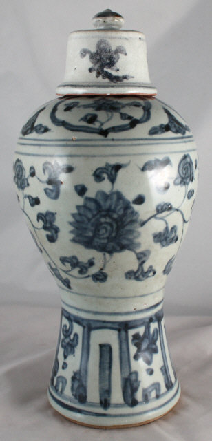 Chinese Ming Blue & White Porcelain Meiping Vase & Lid