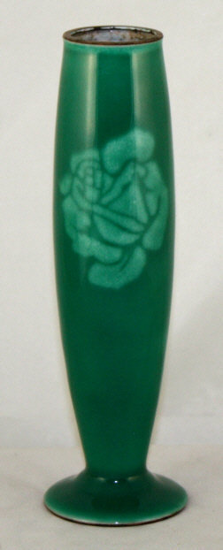 Japanese Showa Period Green Cloisonne Enamel Stem Vase Moriage Rose