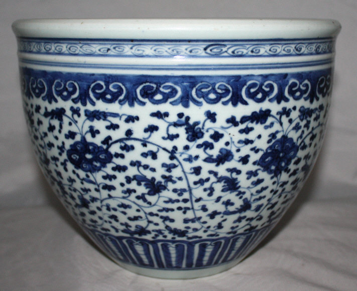 Chinese Qing Blue White Porcelain Fish Bowl Scroll Pot
