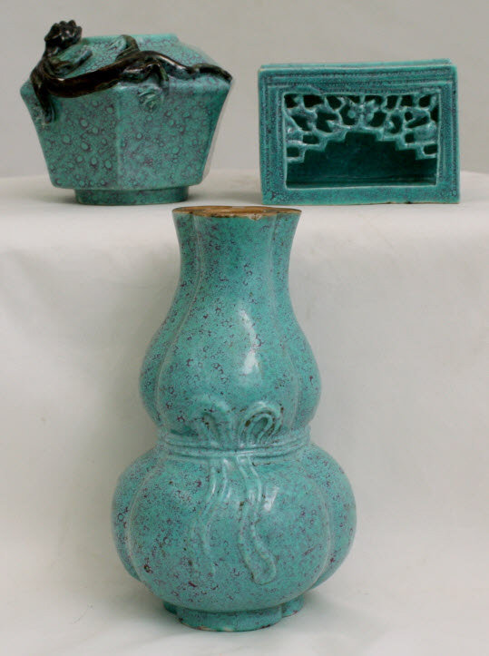 Three Chinese Qing Scholar's Desk Articles Robin's Egg Vase Pot Holder