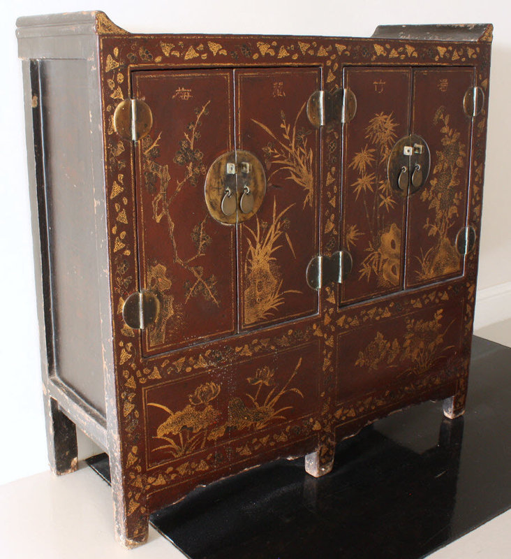 Chinese Qing Republic Lacquered Wood Chest Cabinet Flowers Bamboo