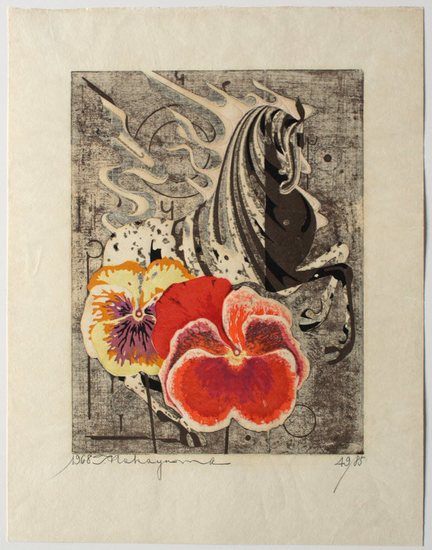 Japanese  Woodblock Print Tadashi Nakayama Flowers & Riding Horse