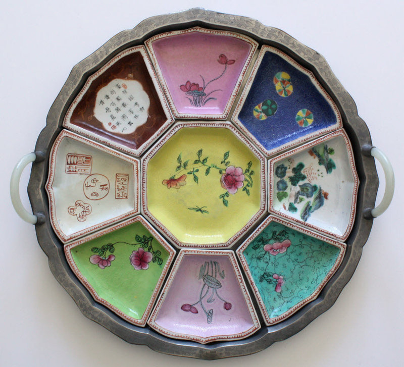 Chinese Qing Qianlong Famille Rose Sweetmeat Set Pewter Jade Case