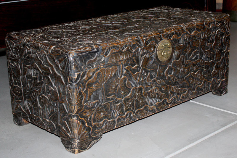 Chinese Qing Guangxu to Republic Camphor Wood Trunk Carved Lotus