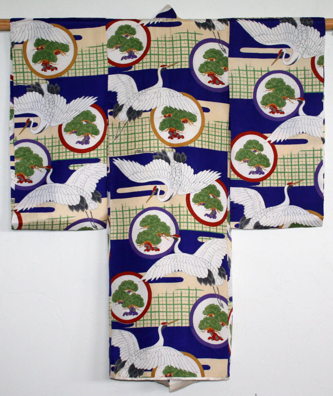 Japanese Early Showa Period Child's Silk Kimono Cranes Pine