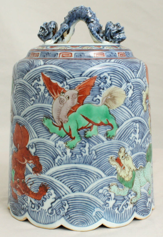 Chinese Qing Wucai Porcelain Ritual Bell Mythical Beasts