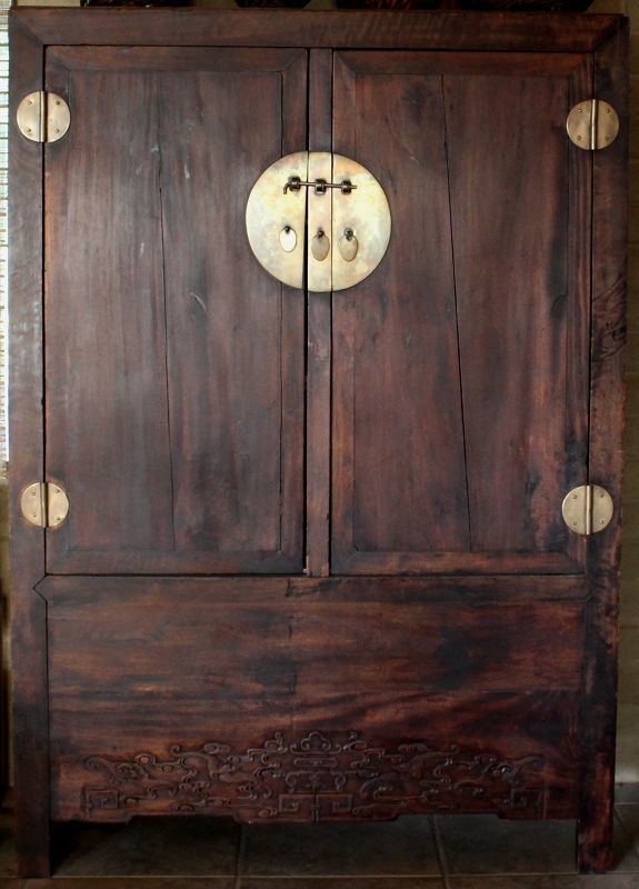 Chinese Qing Hardwood Wardrobe Cabinet Carved Bat Motif Apron