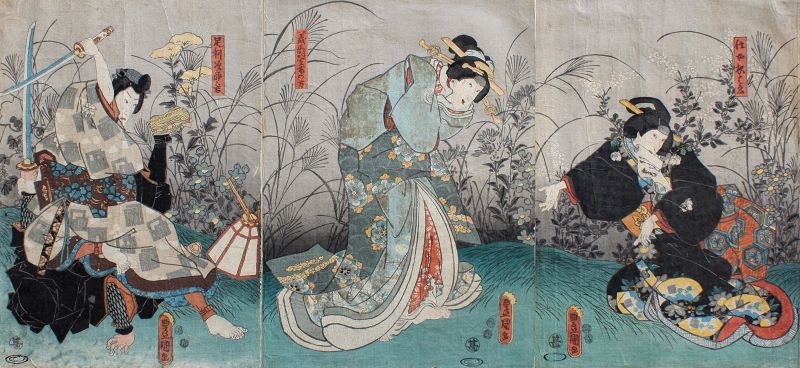 Japanese Edo Woodblock Print Triptych Kunisada Kabuki Actor Genji