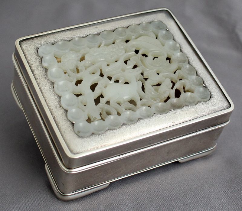 Chinese Marked Chun Yin Pure Silver Box with Qing Jade Inset Plaque
