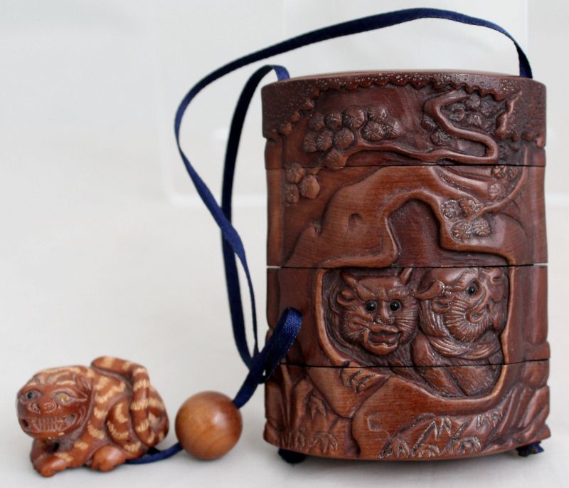 Japanese Meiji Carved Boxwood Inro Netsuke Oni Tiger Creatures Animals
