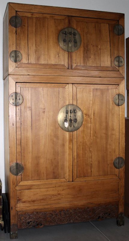 Massive Chinese Qing Elmwood Elm Wood Wardrobe Hat Cabinet Chest