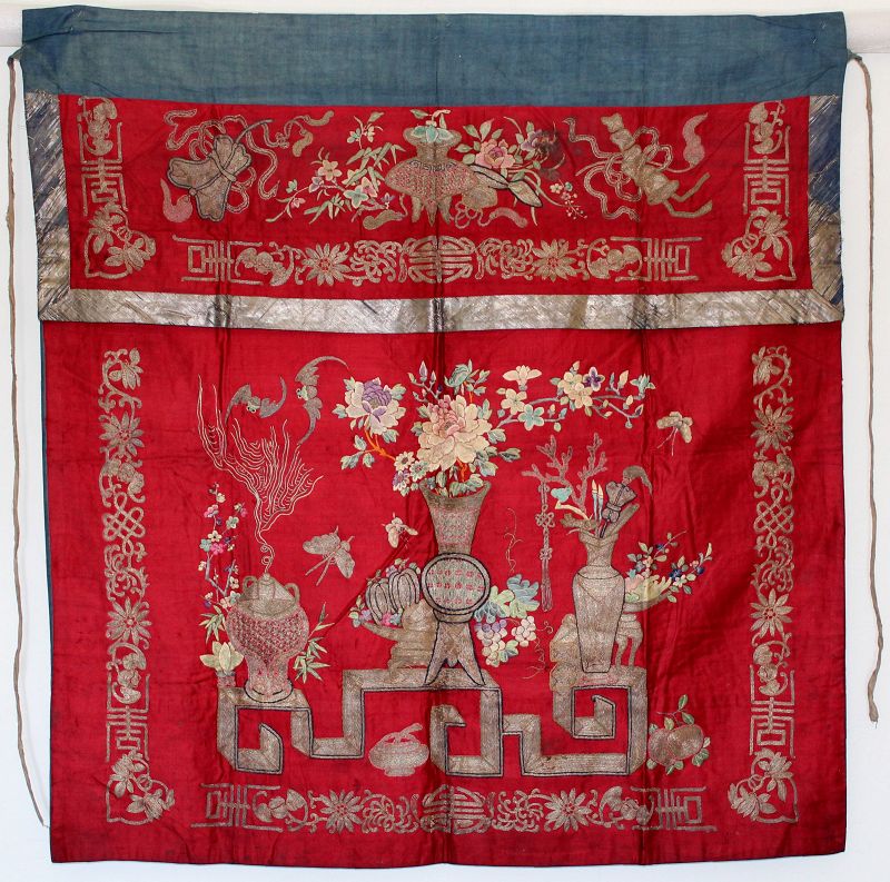 Chinese Qing Silk Embroidered Textile Hanging Altar Frontal Panel
