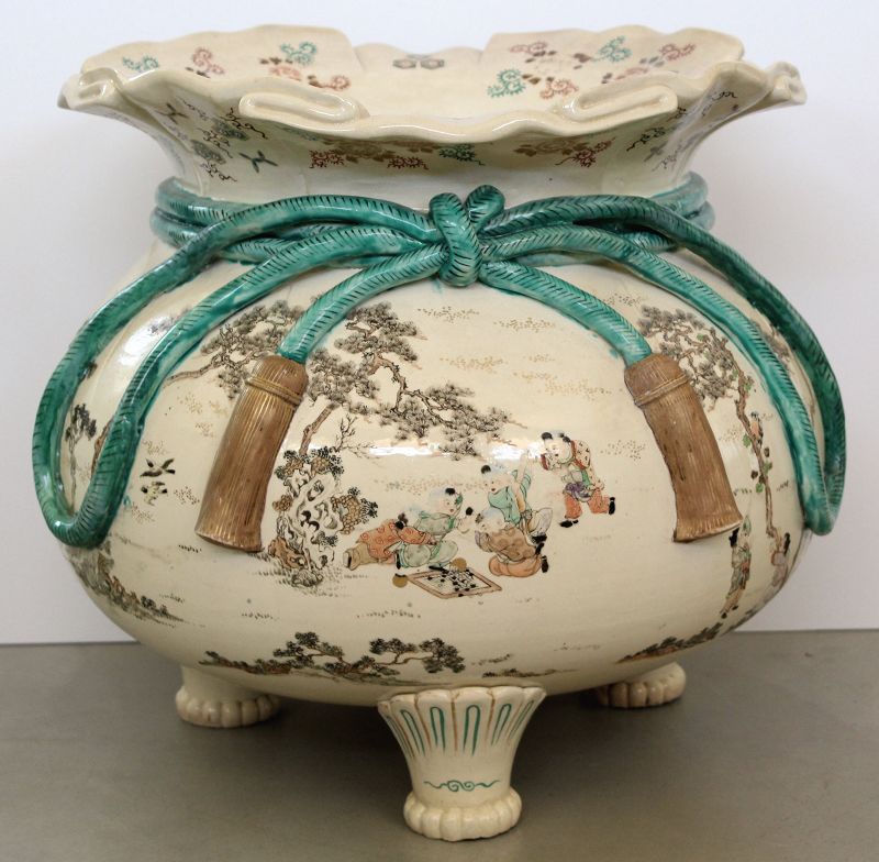 Massive 17" High Japanese Meiji Satsuma Koro Incense Daikoku's Bag