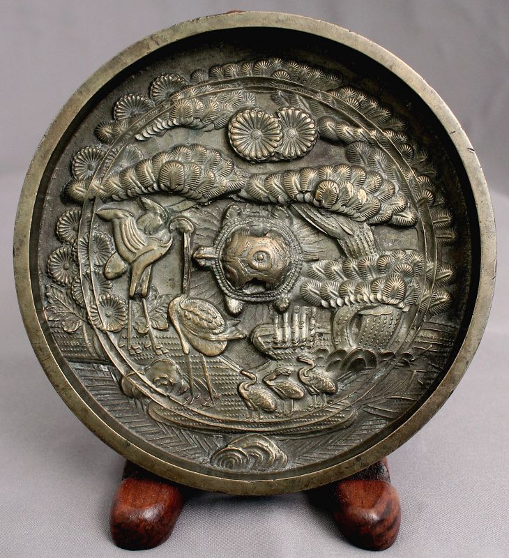 Japanese Edo Bronze Kagami Mirror Tortoise Crane Tenka Mark